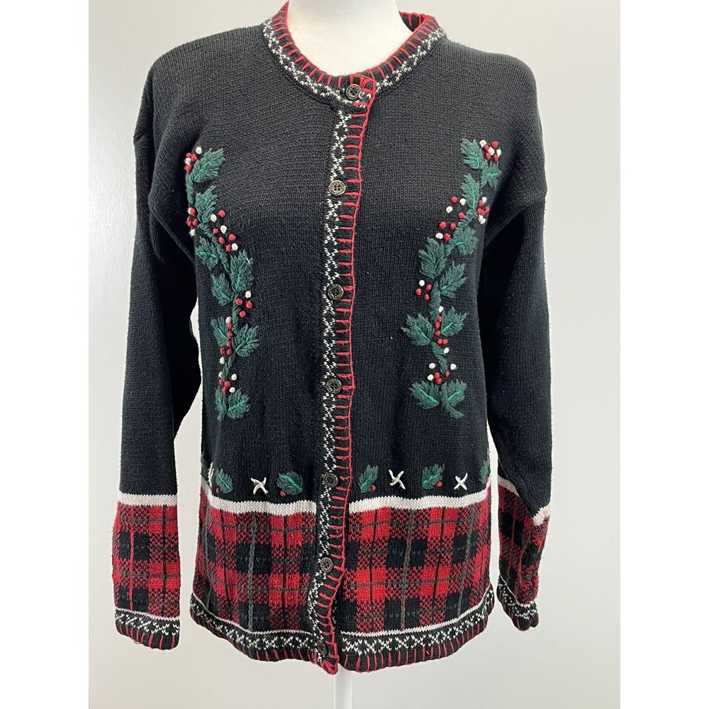 Vtg Bryn Connelly Holiday Cardigan Sweater Sz Small Womens holly Plaid Button up